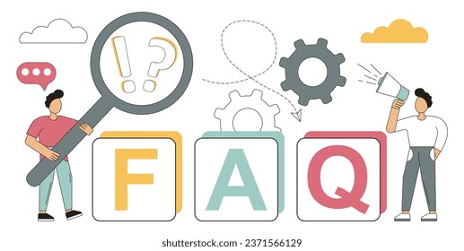 FAQ. Concept of request, question.Questions, information requests, questions and support questions, problem answers, help. Support of problems and their resolution.Vector illustration.