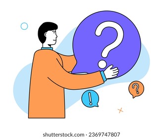 Escena de concepto de FAQ. Hombre con signo de interrogación. Información útil, guías, preguntas frecuentes, metáforas de soporte. Ilustración del vector