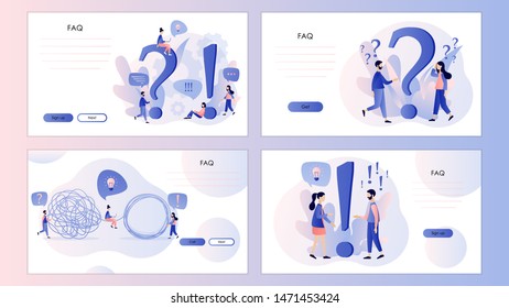 FAQ concept set. Metaphor question answer. Screen template for mobile smart phone, landing page, template, ui, web, mobile app, poster, banner, flyer. Modern flat cartoon style.  Vector illustration