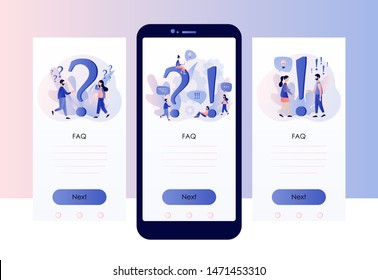 FAQ concept set. People around exclamations and question marks. Metaphor question answer. Screen template for mobile smart phone. Modern flat cartoon style. Vector illustration