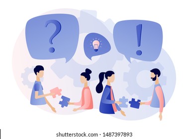 FAQ concept set. People around exclamations and question marks. Metaphor question answer. Modern flat cartoon style. Vector illustration