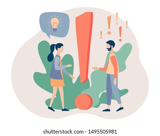 FAQ concept set. People around exclamations and question marks. Metaphor question answer. Flat cartoon style. Vector illustration