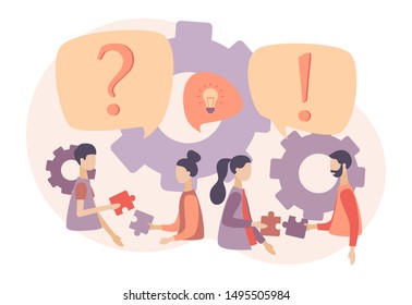 FAQ concept set. People around exclamations and question marks. Metaphor question answer. Flat cartoon style. Vector illustration