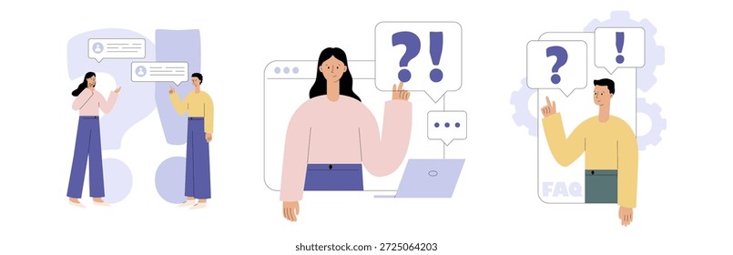 Conjunto de conceptos de preguntas frecuentes. Personas personajes chatbot Preguntas frecuentes. Servicio de Asistencia online. Burbuja de discurso de QA, sesión de preguntas y respuestas. Ilustración vectorial plana para el Sitio web, página de aterrizaje, App móvil