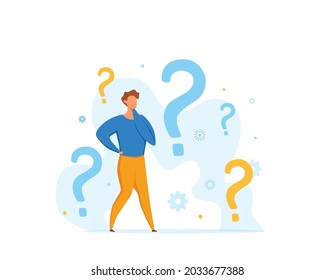 FAQ-Konzept von nachdenklichen Männern, die sich mit Fragezeichen und Fragezeichen befassen. Vektorgrafik von Suchlösungen, Kundensupport, Problemlösung, Auswahl. Häufig gestellte Fragen-Vorlage