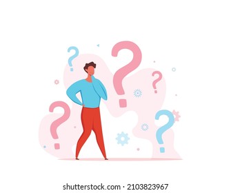 FAQ concept of thoughtful men looking at interrogation point and question mark. Vecror illustration of searching solutions,  customer support, solving problem, choice. Frequently asked questions templ