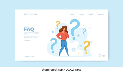 FAQ concept of thoughtful woman looking at interrogation point and question mark. Vecror illustration of searching solutions,  customer support, solving problem, choice. Frequently asked questions tem