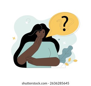 FAQ concept. A woman is looking for an answer to a question. Girl, bubblespeech, question