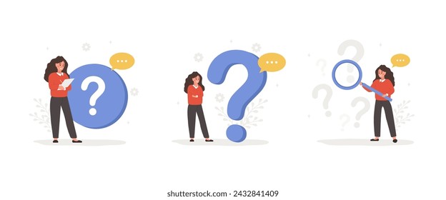 Concepto FAQ. Las mujeres hacen preguntas y reciben respuestas. Atención al cliente. Conjunto de ilustraciones vectoriales en estilo de dibujos animados planos. Perfecto para la barra de menús del sitio web, interfaces de usuario o páginas de destino.