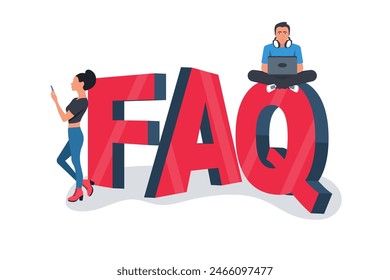 FAQ concept. Young people standing near letters and using smart phone, laptop. Vector illustration flat design. Isolated on white background.