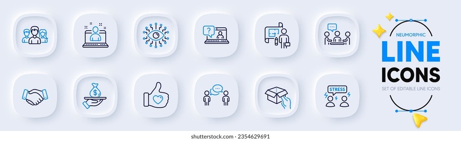 Faq, Consultoría de negocios e íconos de la línea de estrés difícil para la aplicación web. Paquete de inteligencia artificial, Teamwork, íconos del pictograma del mejor gerente. Casilla, como la mano, los signos del Plan. Vector