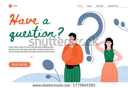 FAQ and customers questions response page template with confused people characters, flat vector illustration. Customers support and assistance landing page.