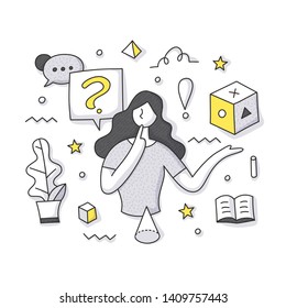 FAQ doodle illustration. Thinking woman with question mark, tries to find answer among several options. Frequently asked questions and customer service concept