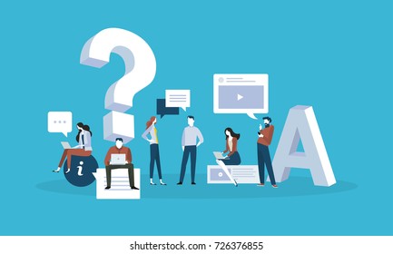 FAQ. Flat design business people concept for answers and questions. Vector illustration for web banner, business presentation, advertising material.