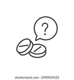 FAQ frequently asked medication questions, medication side effects linear icon, counterfeit and substandard medicine, adulterated pill, healthcare and medicine concept, pharmaceutical industry,
