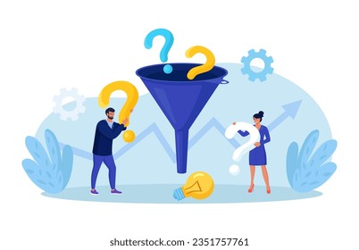 FAQ frequently asked question. Business people with funnel to get solution, filter with question marks. Solving problem, brainstorming, problems research and finding new idea, answer questions