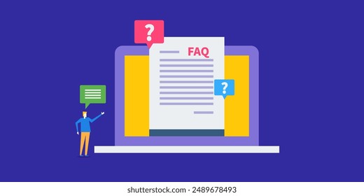 FAQ - Frequently asked question, Website with FAQ page, Question and answer page to help audience - vector illustration background with icons