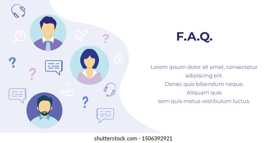 FAQ or Frequently Asked Questions Advertisement. Online Service for Customer Support. Cartoon People Avatar Icons and Open Chat Flat Speech Bubbles. Call Center. Text Banner. Vector Illustration