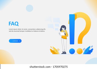 FAQ Frequently asked questions concept, young woman holding tablet and answering questions online, customer support concept, big question mark on background, vector illustration