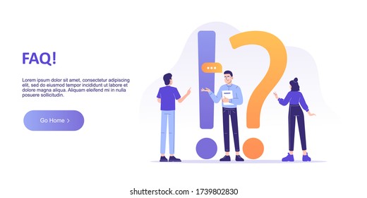 FAQ Frequently asked questions concept. Confused people standing near big exclamation and question marks, asking questions. Online customer support. Landing page template. Vector illustration for web