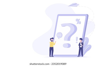 FAQ Frequently asked questions concept. Question mark, exclamation point on digital device. Confused people standing near exclamation and question mark. Flat vector illustration with copy space.