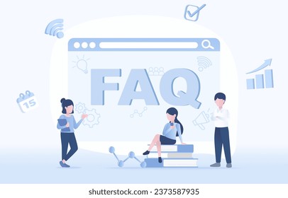 FAQ Frequently asked questions concept. At the end of the presentation business people ask question, answer, survey to solve problems, improve and develop into business success. Vector  illustration.