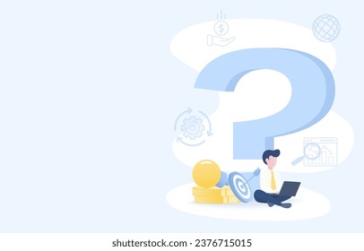 FAQ Frequently asked questions concept. Big question mark symbol. Business people strategy planning, looking analysis, investigate, evaluation. Flat vector design illustration with copy space.
