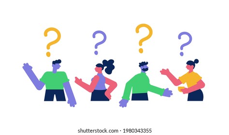 FAQ, frequently asked questions. Questioning and contemplating concept. Consultancy and question sessions. Vector people asking questions, discussing and searching for answers flat illustration