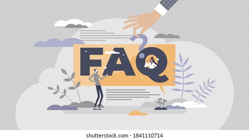 FAQ as frequently asked questions with solution answers tiny person concept. Advice support for customer assistance webpage information banner vector illustration. Problem solving hints and help sign