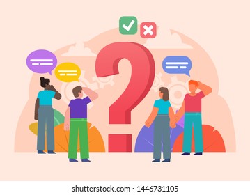 FAQ, frequently asked questions, support, help concept. People stand near big question mark. Poster for social media, web page, banner, presentation. Flat design vector illustration