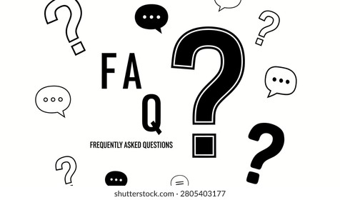 FAQ Frequently Asked Questions typography concept surrounded by question marks and speech bubble icons. Vector line art illustration for customer support and help desk isolated on white.