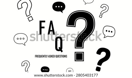 FAQ Frequently Asked Questions typography concept surrounded by question marks and speech bubble icons. Vector line art illustration for customer support and help desk isolated on white.
