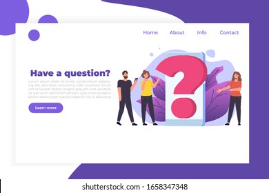 FAQ,  Frequently Asked Questions, user manual or guide, Online Support center concept.  People Characters Standing near giant question mark. Vector illustration.