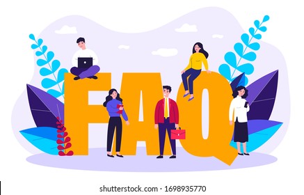 FAQ giant letters. Frequently asked questions page template. Users searching useful information, instruction for problem solving. Vector illustration for help, support, assistance concept