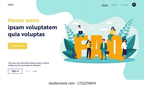 FAQ giant letters. Frequently asked questions page template. Users searching useful information, instruction for problem solving. Vector illustration for help, support, assistance concept