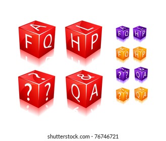 FAQ and Help Text on Cubes. Icon Set Isolated on White Background. Vector Illustration.