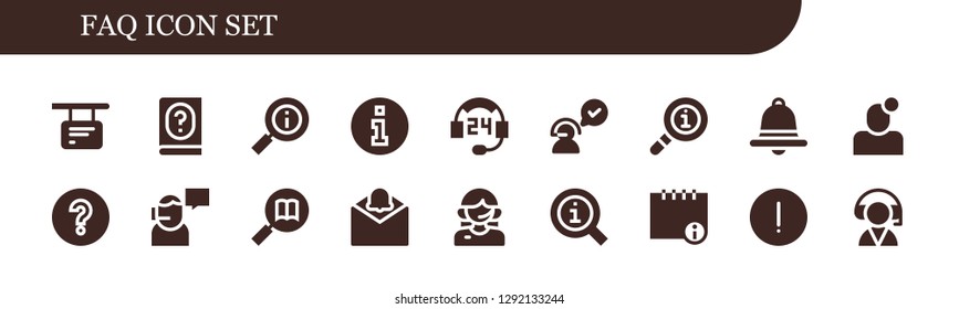  faq icon set. 18 filled faq icons. Simple modern icons about  - Information, Manual, Support, Customer service, Info, Notification, Question mark, Advise
