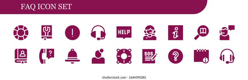 faq icon set. 18 filled faq icons. Included Support, Manual, Advise, Help, Customer service, Information, Faq, Question, Notification, Question mark, Info icons
