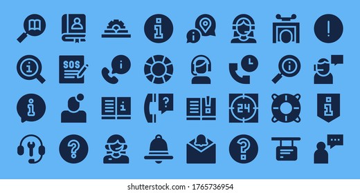 faq Symbol-Set. 32 gefüllte Faq-Symbole. auf blauem Hintergrund Einfache, moderne Symbole wie: Informationen, Kundensupport, FAQ, Support, Benachrichtigung, Fragezeichen, Handbuch, Kundenservice