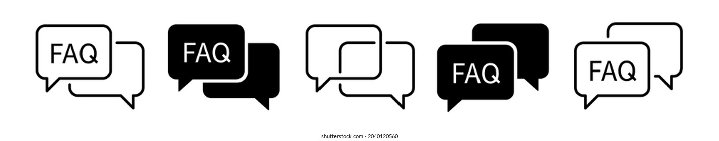 Faq icon set. Ask sign. Help symbol. Question mark icon in talk speech bubble. Flat vector elements for mobile app or web site.