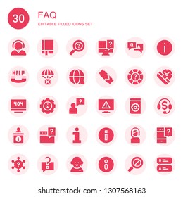 faq icon set. Collection of 30 filled faq icons included Customer service, Manual, Information, Question, Help, Error, Info, Service, Telemarketing, Information sign