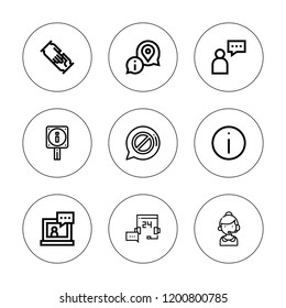 Faq icon set. collection of 9 outline faq icons with customer service, info, information, help, support, supporter icons. editable icons.
