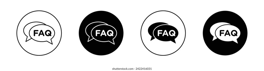 FAQ Icon Set. Query Conversation Speak Ask Information Vector Symbol in a black filled and outlined style. Q and A Button Help Sign.