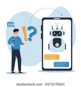 FAQ illustration concept. Characters use the FAQ section to get answers to their questions. Communicate with the FAQ chatbot. Questions and answers. Vector illustration.