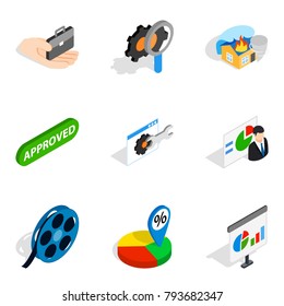 Faq info icons set. Isometric set of 9 faq info vector icons for web isolated on white background