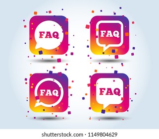FAQ information icons. Help speech bubbles symbols. Circle and square talk signs. Colour gradient square buttons. Flat design concept. Vector