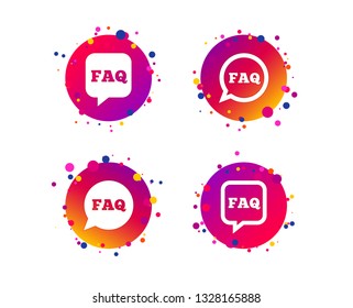FAQ information icons. Help speech bubbles symbols. Circle and square talk signs. Gradient circle buttons with icons. Random dots design. Vector