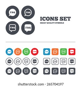 FAQ information icons. Help speech bubbles symbols. Circle and square talk signs. Web buttons set. Circles and squares templates. Vector