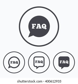 FAQ information icons. Help speech bubbles symbols. Circle and square talk signs. Icons in circles.