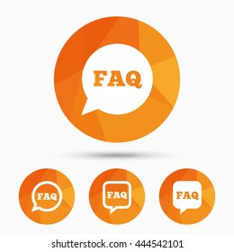 FAQ information icons. Help speech bubbles symbols. Circle and square talk signs. Triangular low poly buttons with shadow. Vector